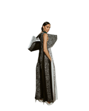 Load image into Gallery viewer, Black and White Silk Sculptural Hooded Jumpsuit
