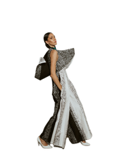 Load image into Gallery viewer, Black and White Silk Sculptural Hooded Jumpsuit
