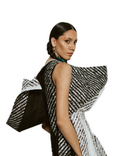 Load image into Gallery viewer, Black and White Silk Sculptural Hooded Jumpsuit
