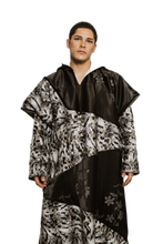 Load image into Gallery viewer, Black White Silk Patchwork Hooded Kaftan
