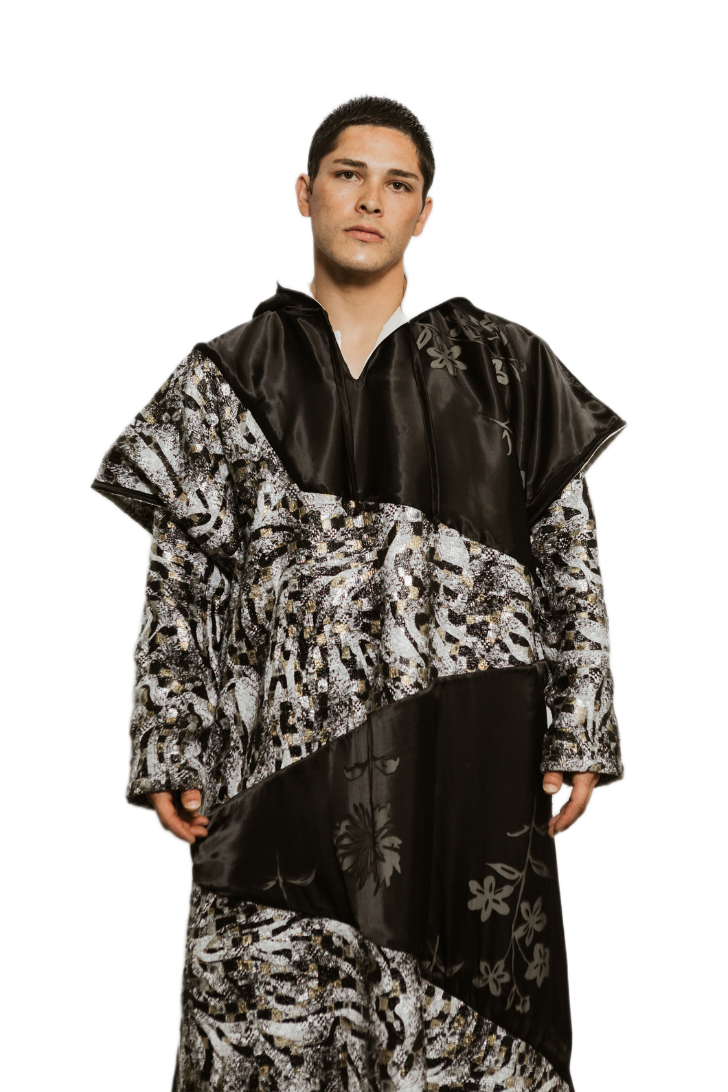 Black White Silk Patchwork Hooded Kaftan
