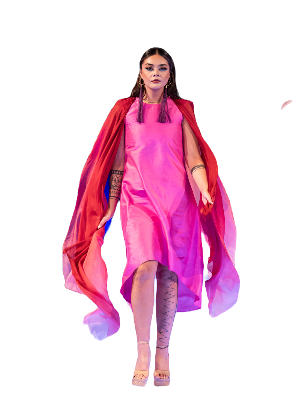 Fuchsia Silk Dress with Scarlet Ombre Silk Scarf